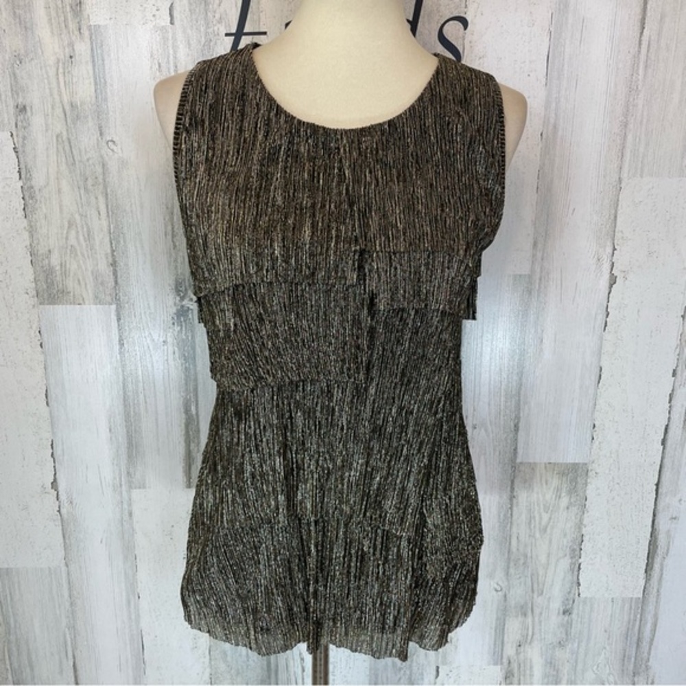 Nue options Womens Black Metallic Gold Tiered Ruffle Sleeveless Shirt Top Blouse